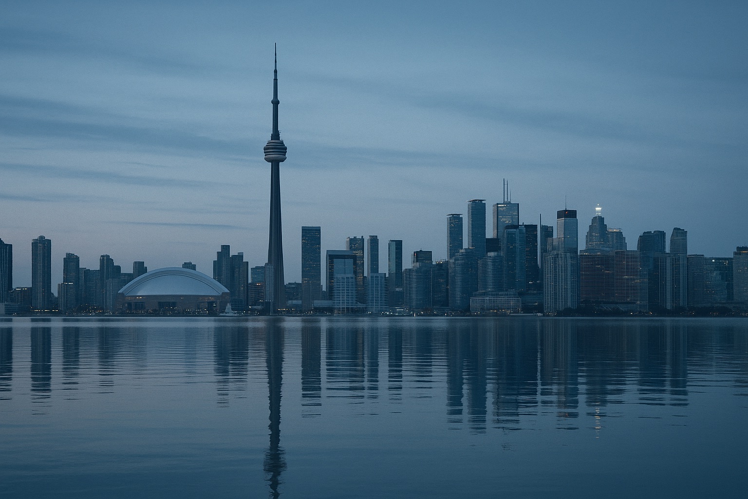 Toronto skyline across the water at blue hour