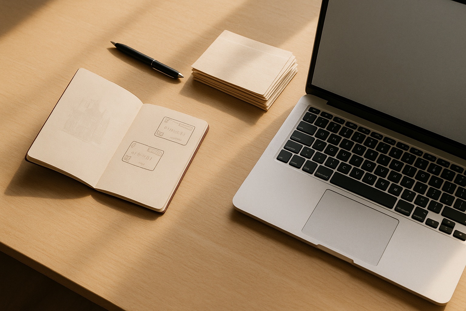 An organized desk with a passport and prepared documents