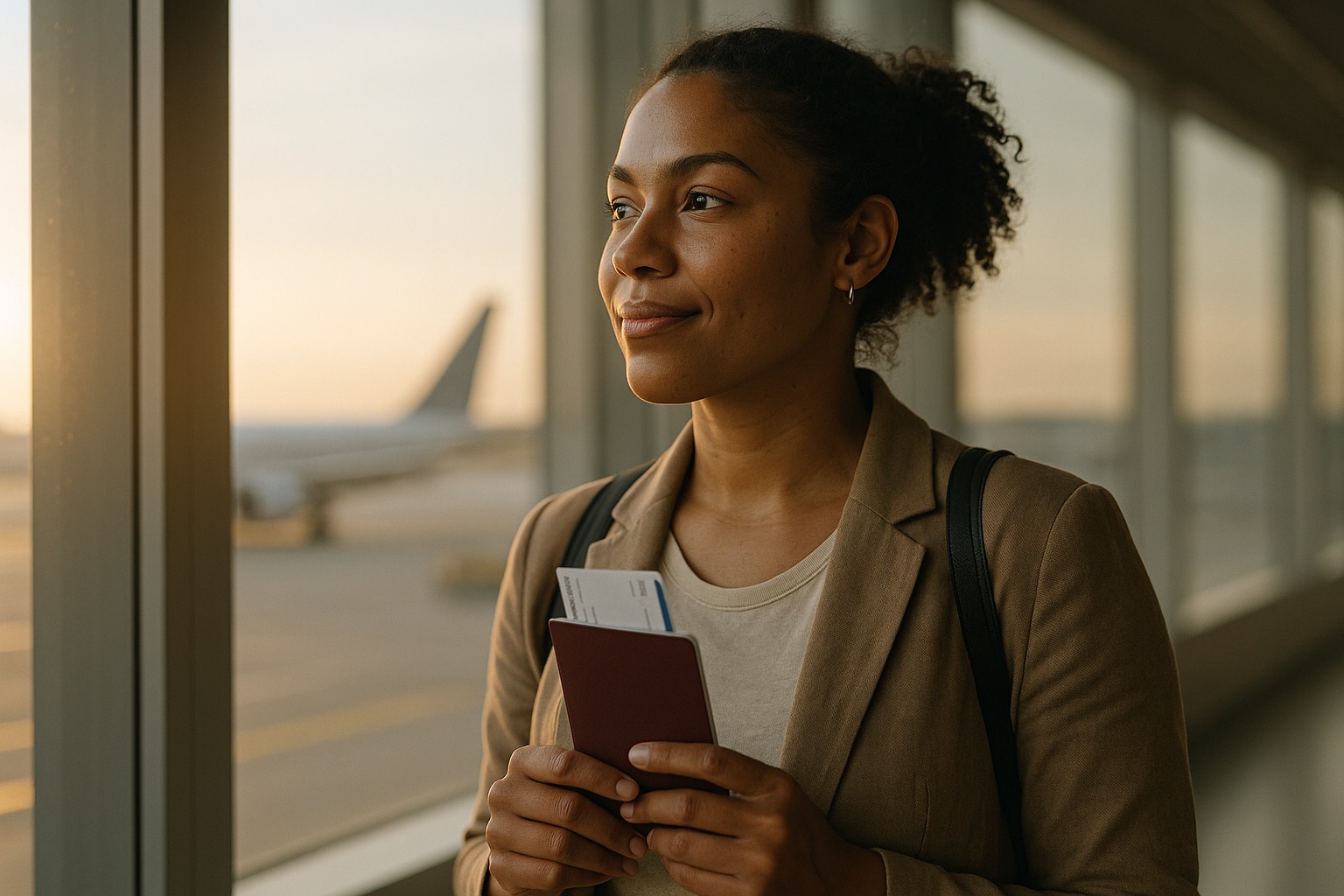 A traveller holding a passport at an airport window at golden hour